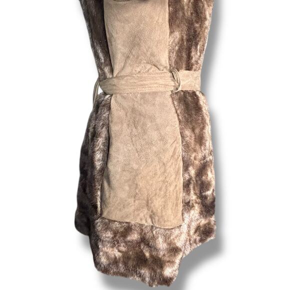 Vintage 70s Tocci England Faux Fur Suede Leather Belted Coat Burgundy Lined - Picture 7 of 16